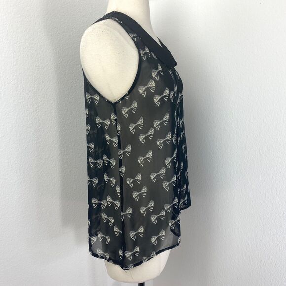 Glam Doll Black Sheer Blouse Med Bow Print Peter Pan Collar Whimsy Goth Siren - Picture 9 of 12